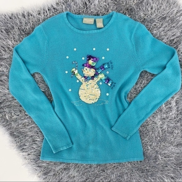 Field Gear Women's S Petite Blue Snowman Sequin Long Sleeve Round Neck Sweater - Picture 2 of 12